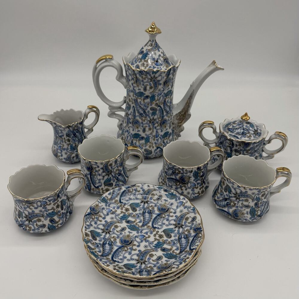 Vintage Lefton China Teapot, Sugar Bowl, Creamer, 4 Setting Set Blue Paisley